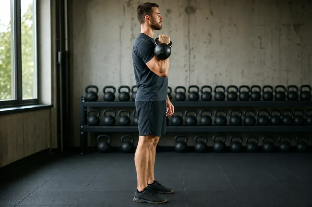Mężczyzna trzymający kettlebell w pozycji rack przy barku na siłowni