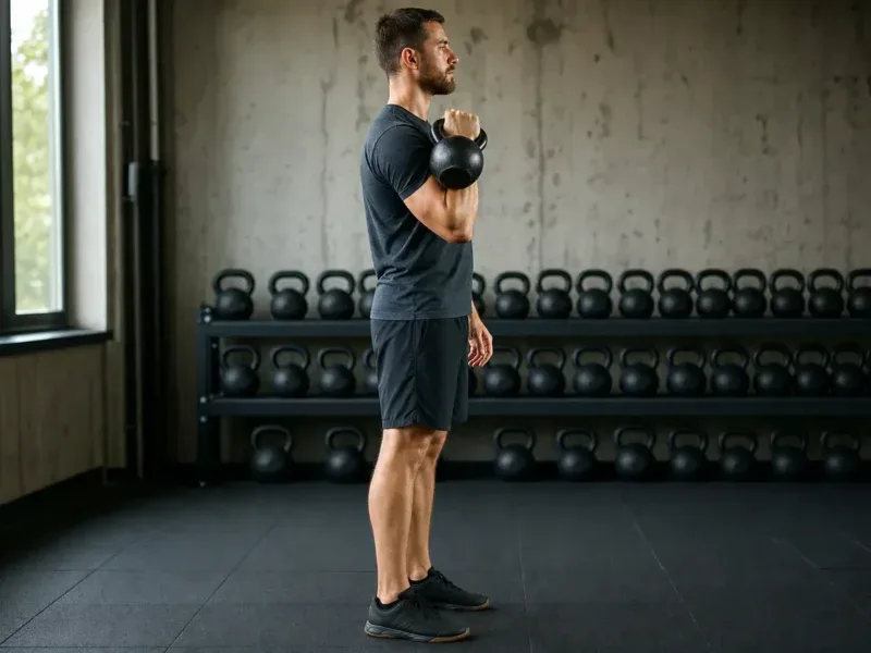 Mężczyzna trzymający kettlebell w pozycji rack przy barku na siłowni