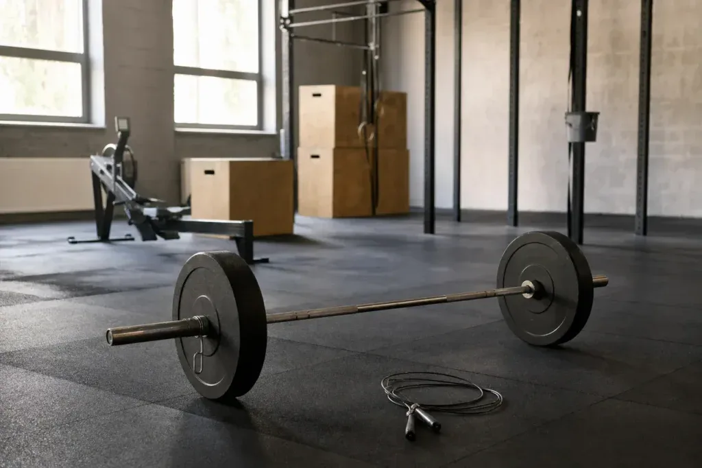 Sztanga, skakanka i wioślarz w boksie crossfitowym przed treningiem