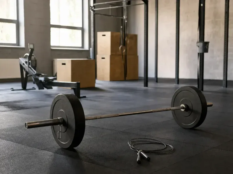 Sztanga, skakanka i wioślarz w boksie crossfitowym przed treningiem