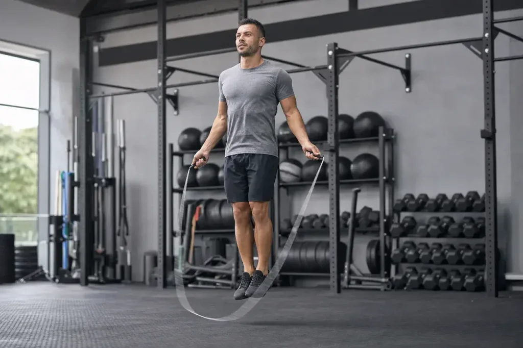 Mężczyzna wykonuje podwójne przeskoki na skakance w boxie CrossFit