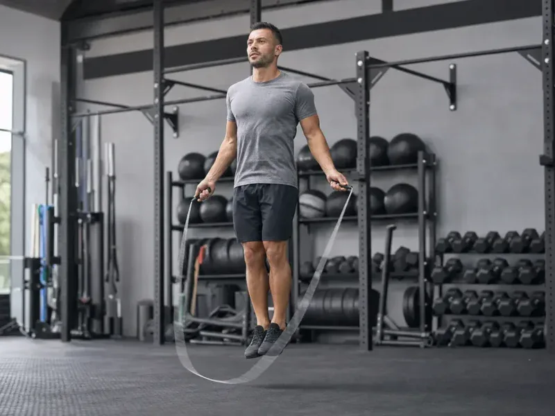 Mężczyzna wykonuje podwójne przeskoki na skakance w boxie CrossFit
