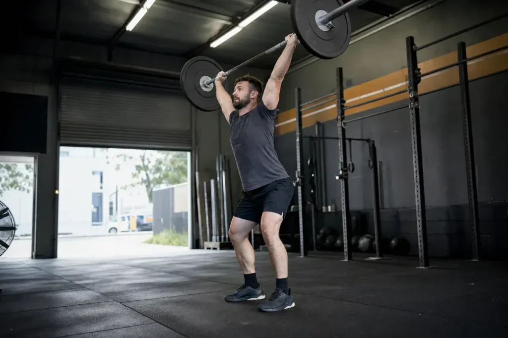 Mężczyzna kończy wypchnięcie sztangi nad głowę w boxie CrossFit