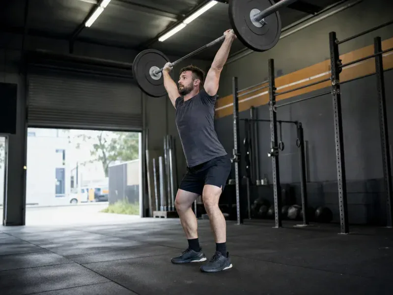 Mężczyzna kończy wypchnięcie sztangi nad głowę w boxie CrossFit