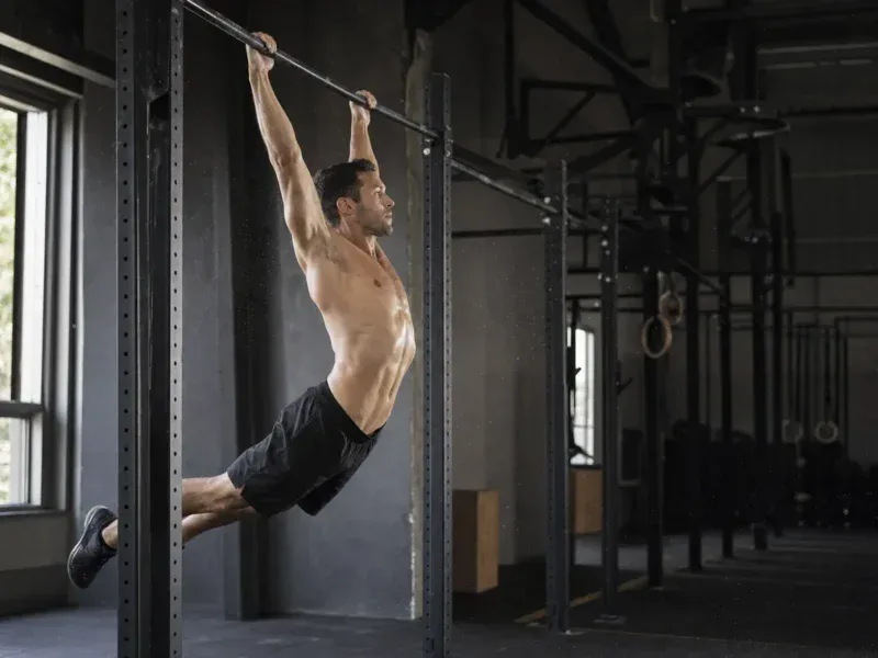 Mężczyzna w pozycji wahadła na drążku podczas kipping pull up w boxie crossfitowym