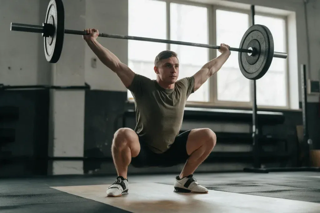 Mężczyzna w dolnej pozycji overhead squat ze sztangą nad głową na siłowni