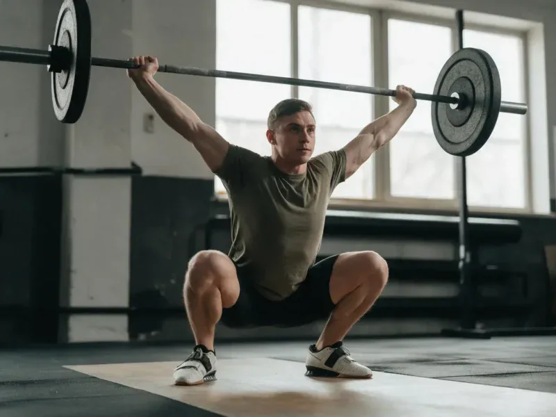 Mężczyzna w dolnej pozycji overhead squat ze sztangą nad głową na siłowni