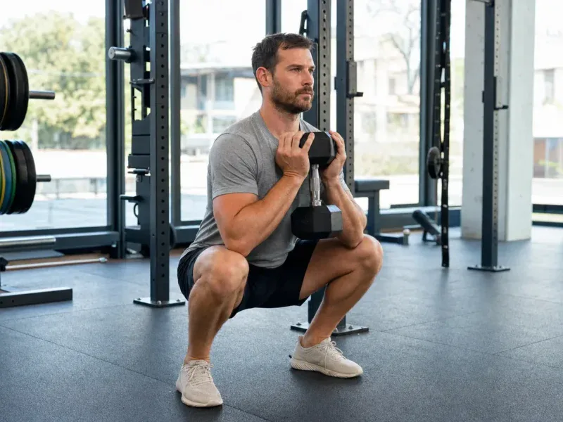Mężczyzna wykonuje goblet squat z hantlem na siłowni, w tle stojak ze sztangą
