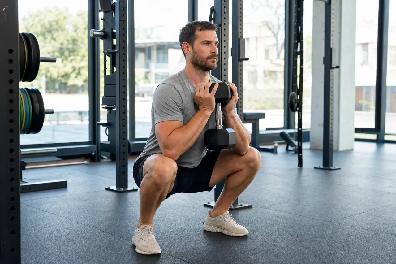 Mężczyzna wykonuje goblet squat z hantlem na siłowni, w tle stojak ze sztangą