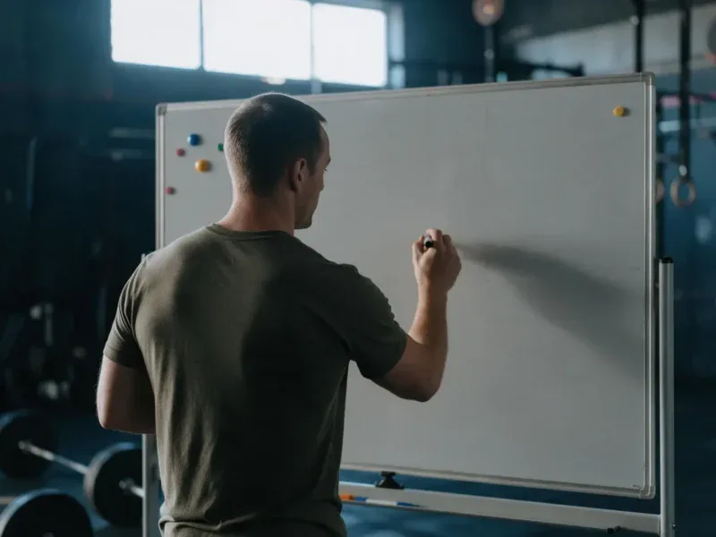 Trener zapisuje tygodniowy plan treningowy CrossFit na tablicy w boxie