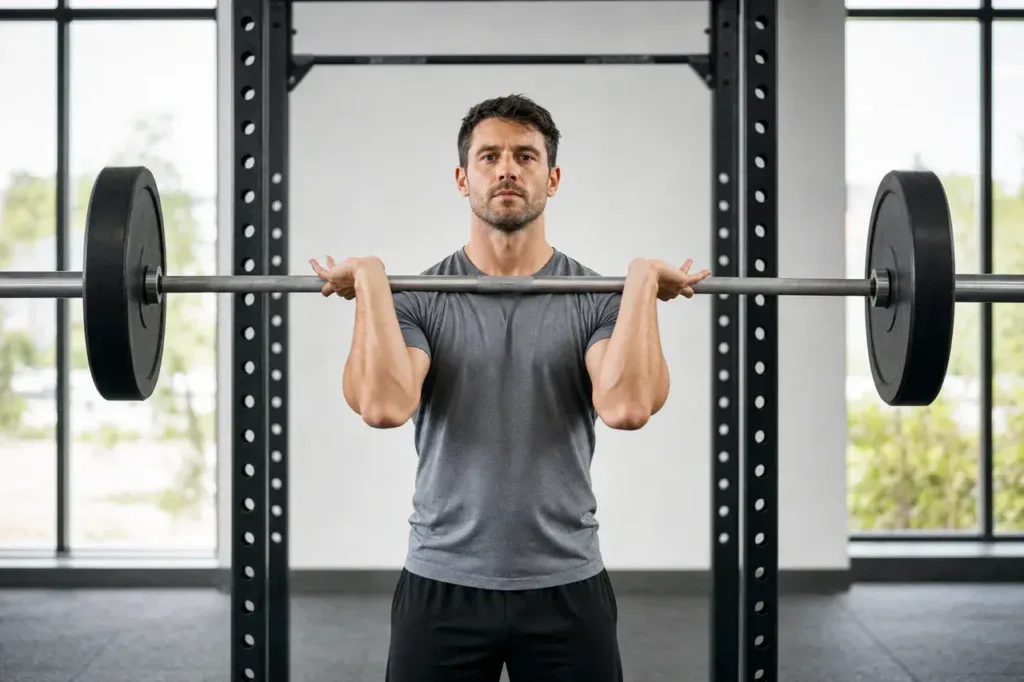 Mężczyzna trzyma sztangę w przednim ułożeniu na barkach, łokcie wysoko, palce pod gryfem