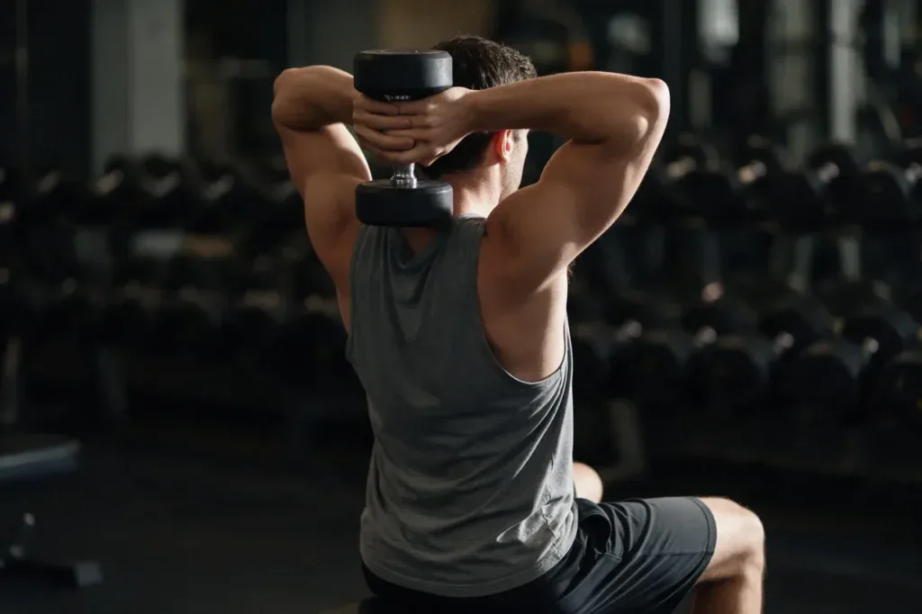 Wyprost ramion nad głową z hantlem, ćwiczenie na triceps na siłowni
