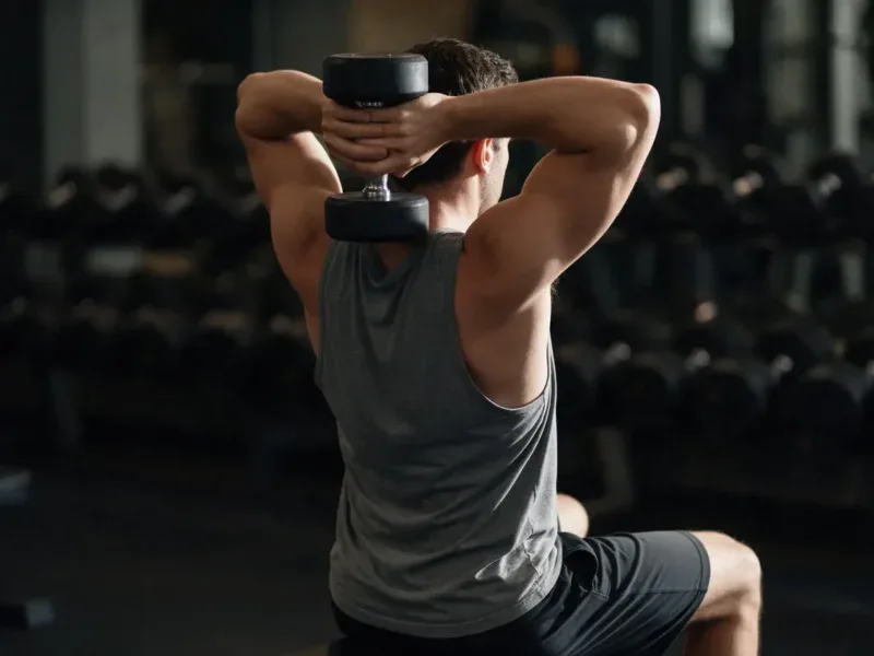 Wyprost ramion nad głową z hantlem, ćwiczenie na triceps na siłowni