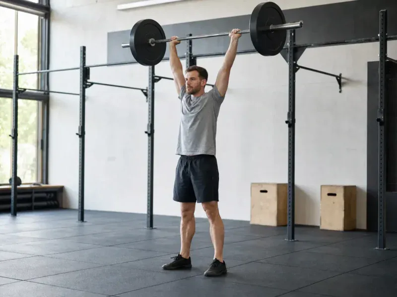 Mężczyzna kończy thruster w boksie crossfitowym, sztanga zablokowana nad głową