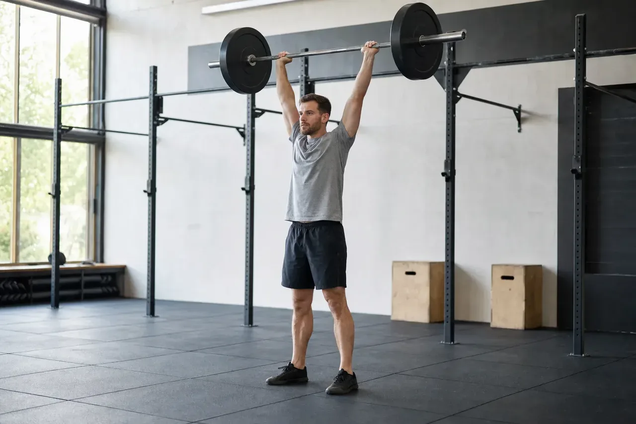 Mężczyzna kończy thruster w boksie crossfitowym, sztanga zablokowana nad głową